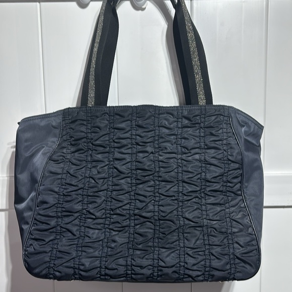 Coach navy blue ruching zip top Court Tote with front blue leather pocket - Picture 2 of 11